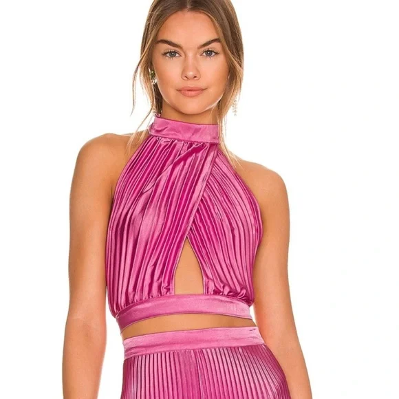 NWT L'idee Elegant Hot Pink Pleated Wide Leg Pant + Halter Top Set